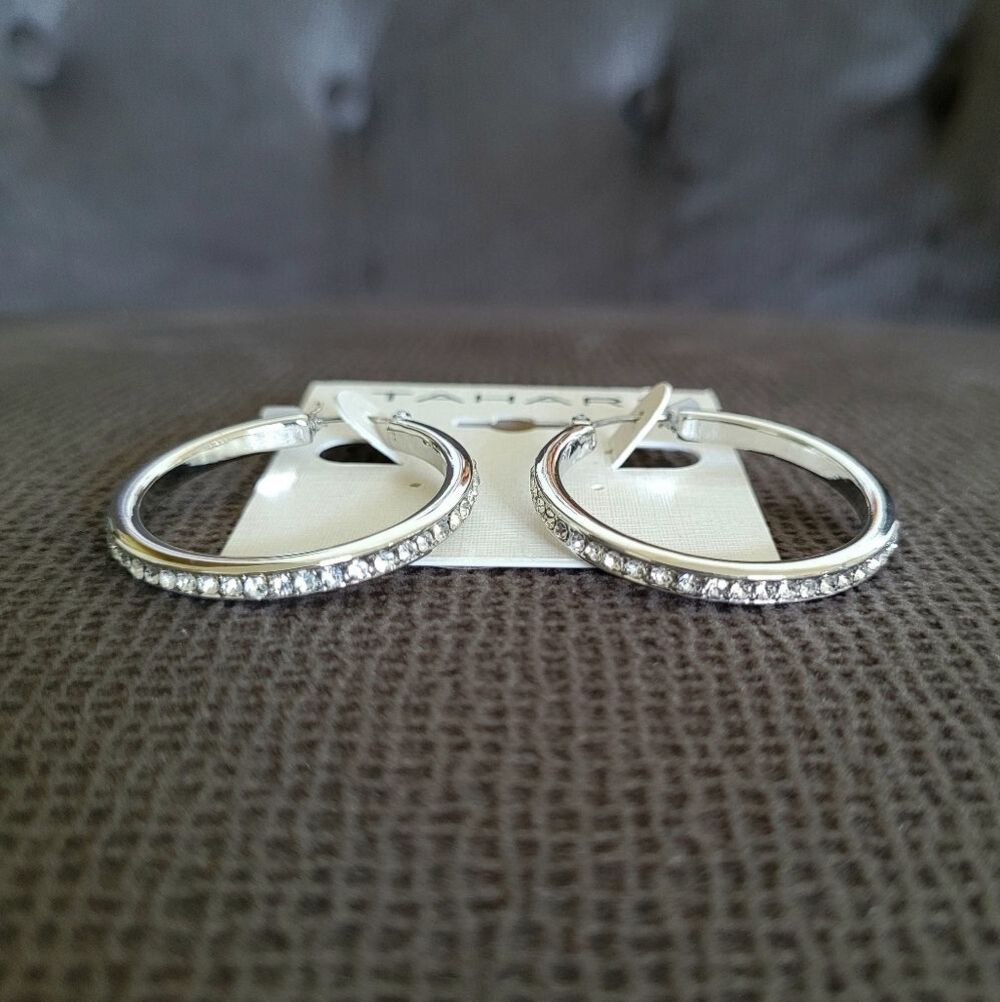 Tahari Cubic Zirconia💎 Lined Silver Hoop Earrings - Picture 7 of 16
